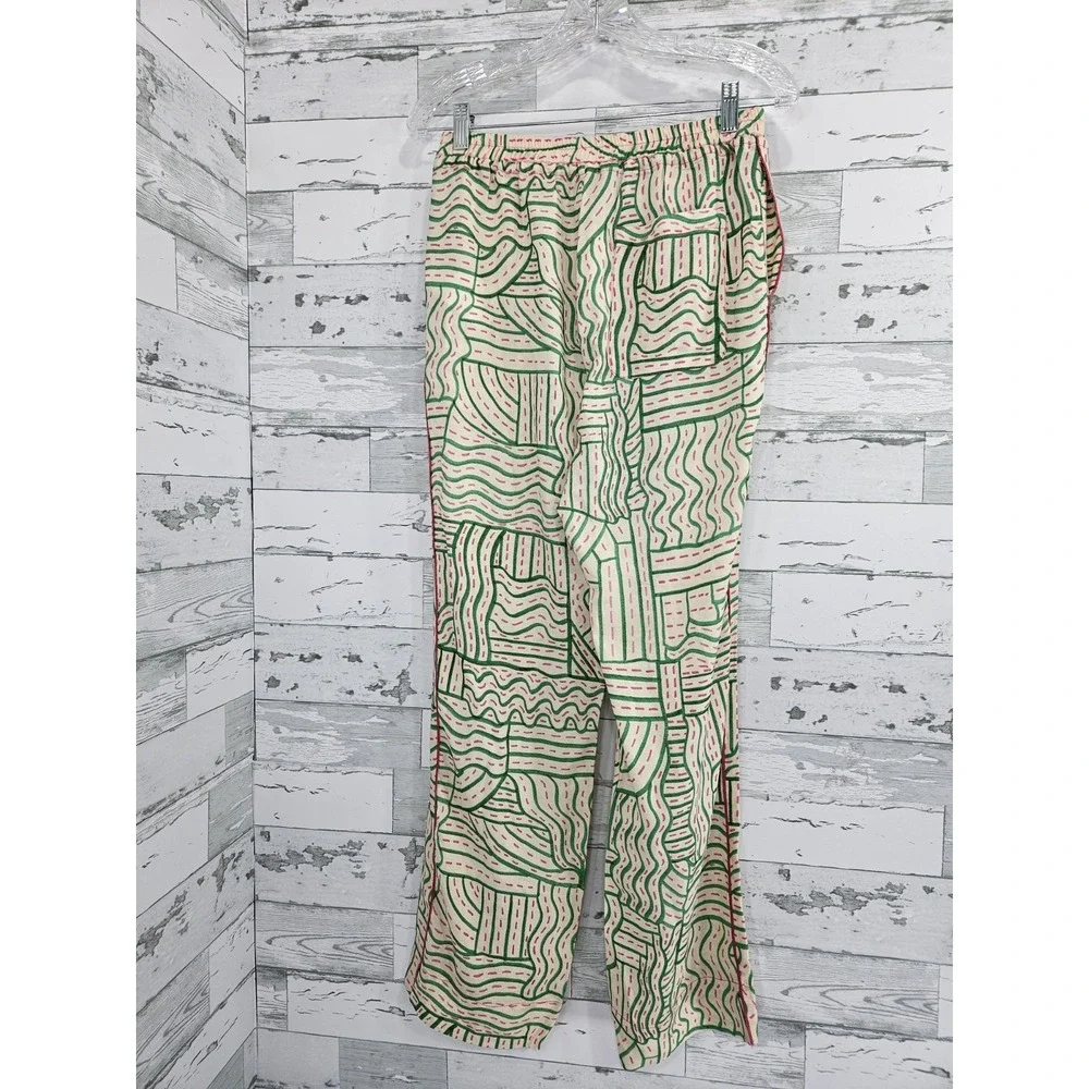 Zara Linen Blend Graffiti Print Pants Abstract Pockets Women Small Green Pink
